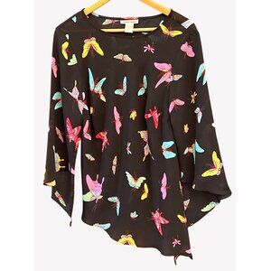 Y2K Michele Michelle Black Butterfly Print Blouse Large Sheer Festival Boho